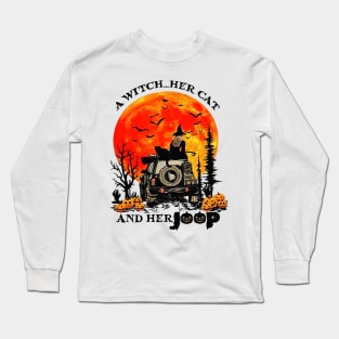 A Witch Her Cat And Her Jeep Halloween Moon Long Sleeve T-Shirt